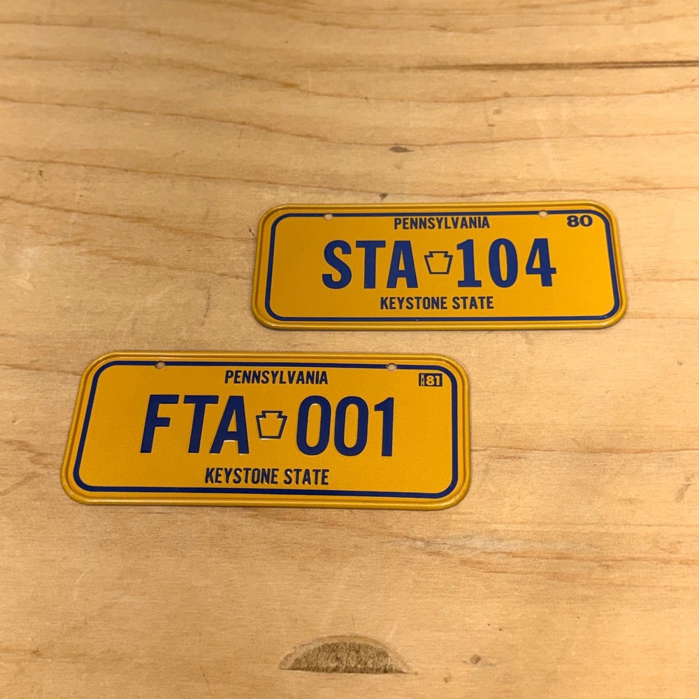 Pennsylvania Novelty Bike License Plate 1980s‎ Yellow Vintage Keystone State 2pc
